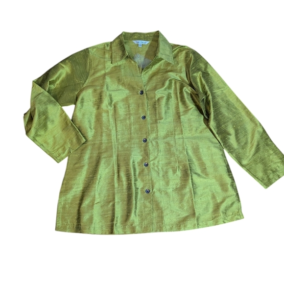 TravelSmith Chartreuse 100% Silk Dupioni Textured Tunic Button Up Blouse Sz xL - Picture 4 of 10
